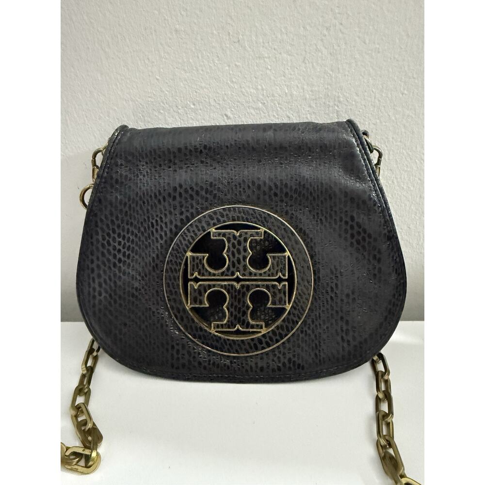 Vintage Tory Burch Black Leather Crossbody Gold Logo Chain Bag - Picture 2 of 13